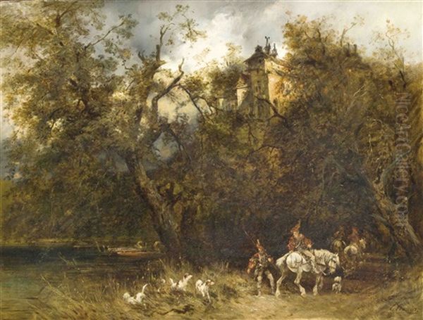 Grose Waldlandschaft Zu Fusen Einer Burganlage Mit Jagern Im Stil Des 16. Jahrhunderts Zu Pferde Oil Painting by Emil Hallatz