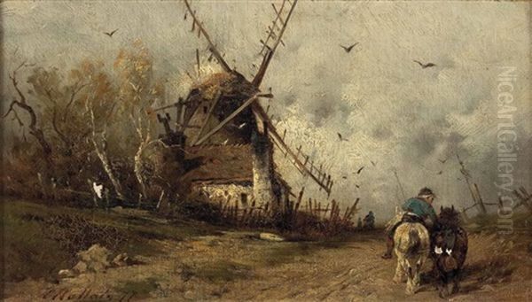 2 Bilder: A) Windmuhle Mit Reiter B) Bauer Mit Pferden Bei Madchen Am Backhauschen Oil Painting by Emil Hallatz