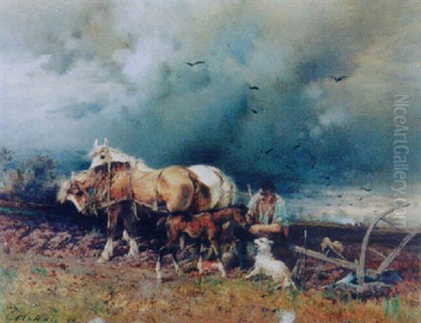 Rastender Bauer Auf Dem Felde Mit Pferden Und Hund Oil Painting by Emil Hallatz