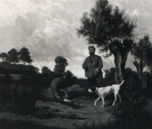 Zwei Jager Mit Hunden Und Erlegtem Hasen Vor Weiter Landschaft Oil Painting by Emil Hallatz