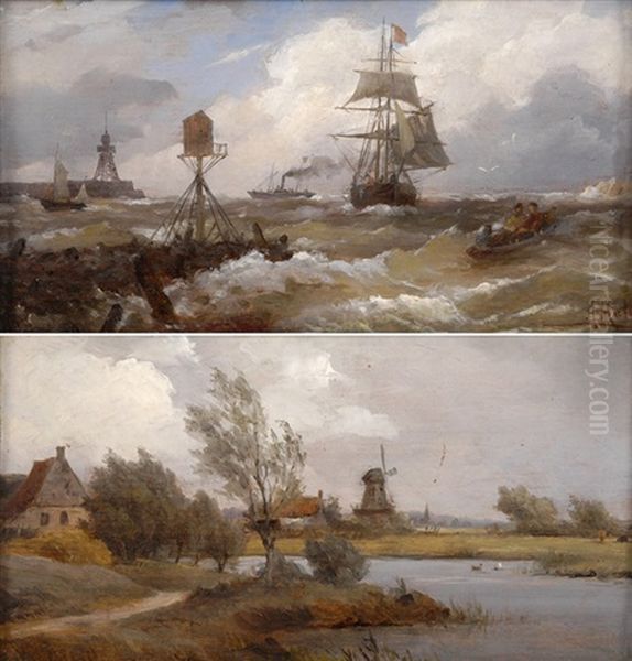 Kleine Marine (+ Fluslandschaft; 2 Works) Oil Painting by Albert Halle