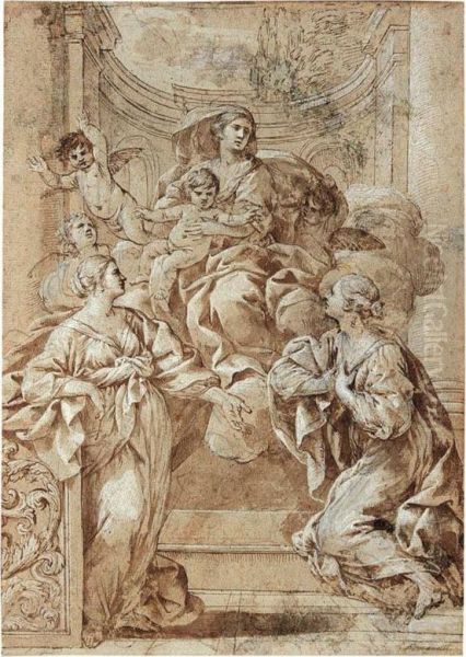 The Madonna And Child In Glory Appearing To Two Knelling Female Saints Oil Painting by Pietro Paolo Baldini