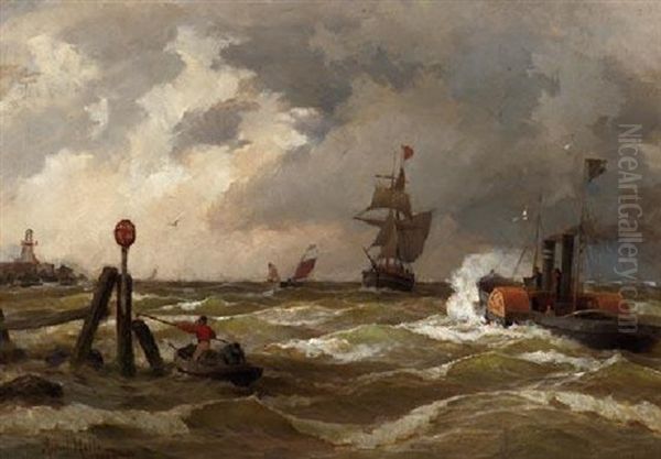 Schiffe In Rauher See An Der Kuste Vor Bremerhaven Oil Painting by Albert Halle