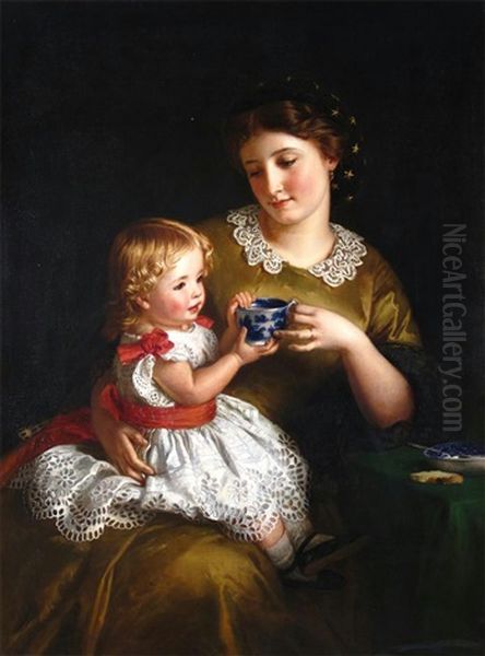 Mother And Her Daughter Having Tea Oil Painting by Charles Edward Halle