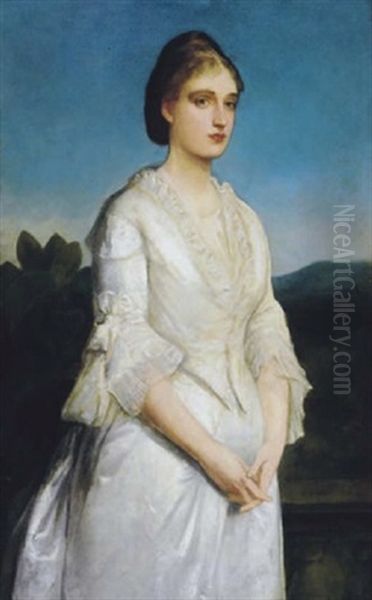 Portrait Of Mrs. S. Dickinson In A White Dress, In A Landscape Oil Painting by Charles Edward Halle