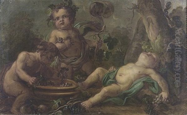 Drei Putti In Einem Weinberg Oil Painting by Claude Guy Halle