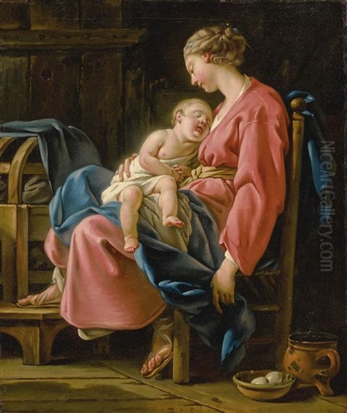 A Mother With Her Child Asleep On Her Lap In An Interior Oil Painting by Noel Halle