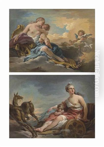 Venus And Cupid In A Chariot Drawn By Doves, With A Putto; And Diana And Cupid In A Chariot Drawn By Stags (pair) Oil Painting by Noel Halle