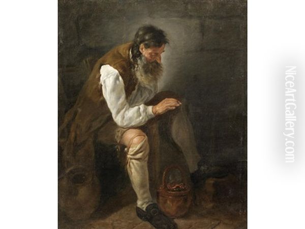 A Bearded Man Seated Before A Fireplace Oil Painting by Noel Halle