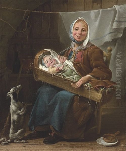 Une Savoyarde, A Mother And Child With A Dog In An Interior Oil Painting by Noel Halle