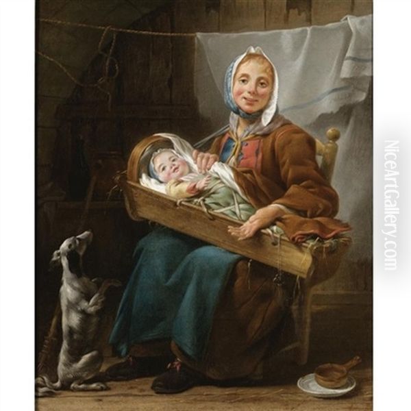 A Portrait Of A Woman, Said To Be Genevieve Lorry, Dressed As A Savoyarde, Holding A Child In A Crib, Sitting In A Courtyard, Together With A Dog Oil Painting by Noel Halle