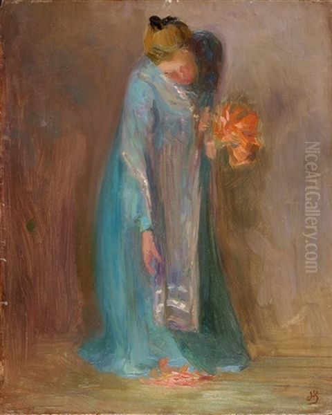 Dame In Blauem Kleid Mit Feuerlilienbouquet Oil Painting by Berthold Von Haller