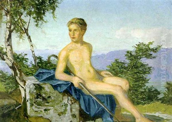 Male Nude In Landscape Oil Painting by Wilhelm Haller