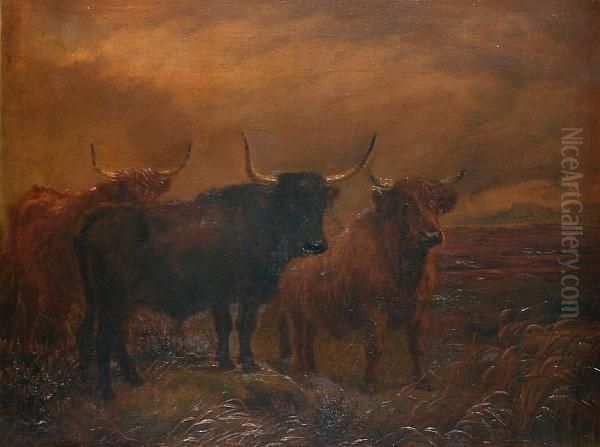 Highland Cattle In A Landscape Oil Painting by Charles Edwin M. Baldock