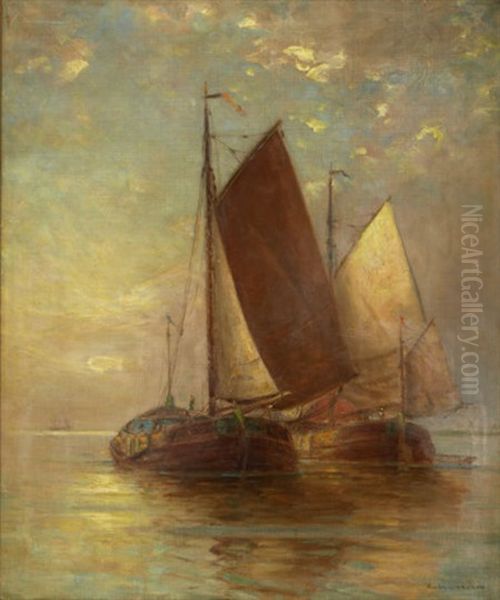 Sailing Vessels At Sea Oil Painting by Hendricks A. Hallett