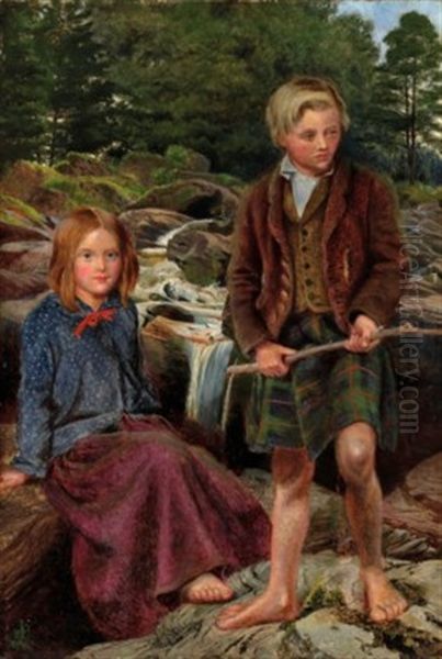 Two Highland Children By A Scottish Stream Oil Painting by Michael Frederick Halliday