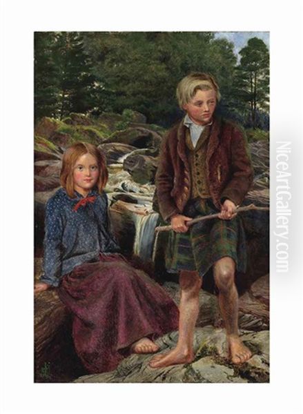 Two Highland Children By A Scottish Stream Oil Painting by Michael Frederick Halliday