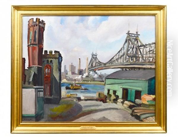 Queensboro Bridge, Lee's Lumberyard, N.y. Oil Painting by Robert Hallowell