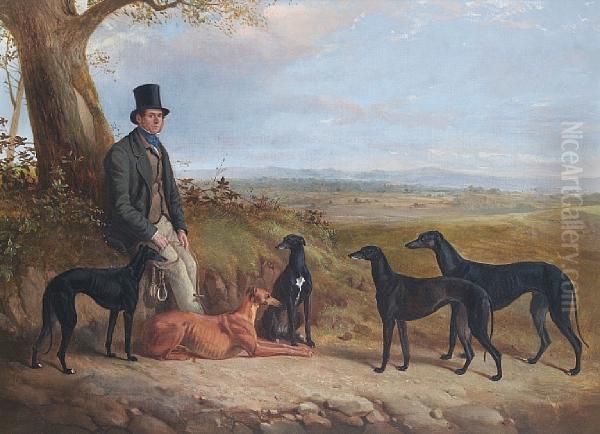 Portrait Of A Gentleman With Five Greyhoundsin A Landscape Oil Painting by James Walsham Baldock