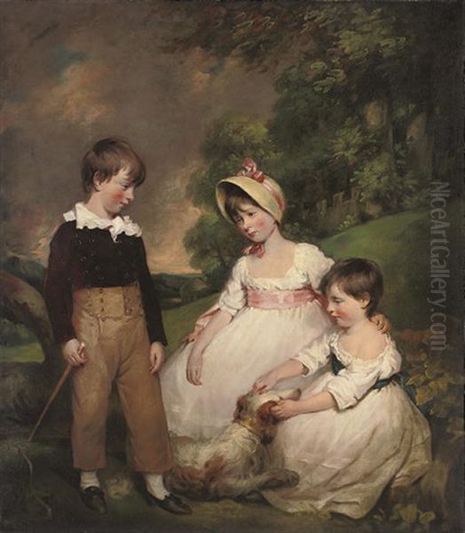 Group Portrait Of The Wallinger Children, The Boy Standing In Breeches, The Girls Seated In White Dresses Oil Painting by John James Halls