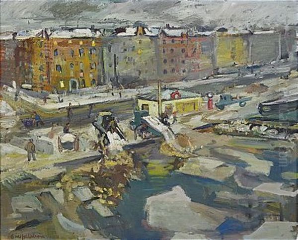 Snotippning Norr Malarstrand - Stockholm Oil Painting by Eric C. Hallstroem