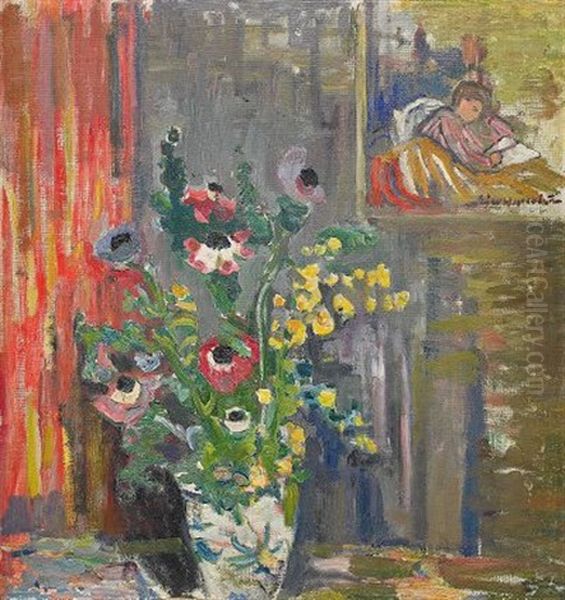 Interior Med Blomsterstilleben Oil Painting by Eric C. Hallstroem