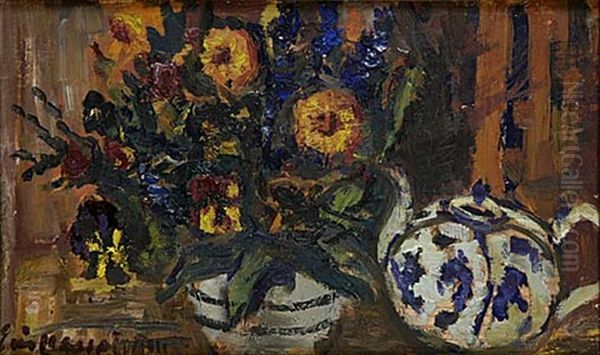 Stilleben Med Blommor Och Tekanna Oil Painting by Eric C. Hallstroem