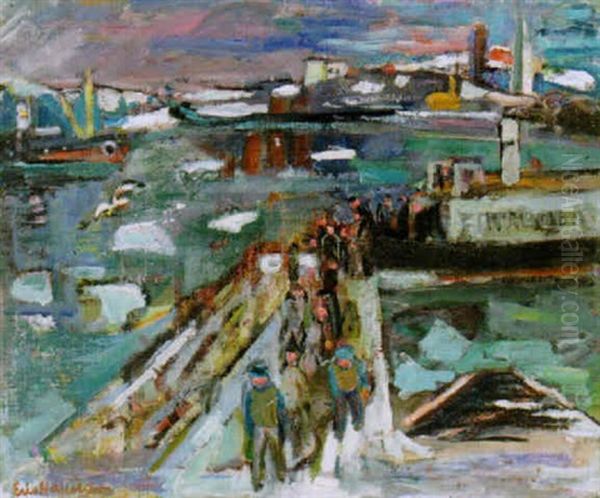 Pontonbryggan - Stockholm Oil Painting by Eric C. Hallstroem