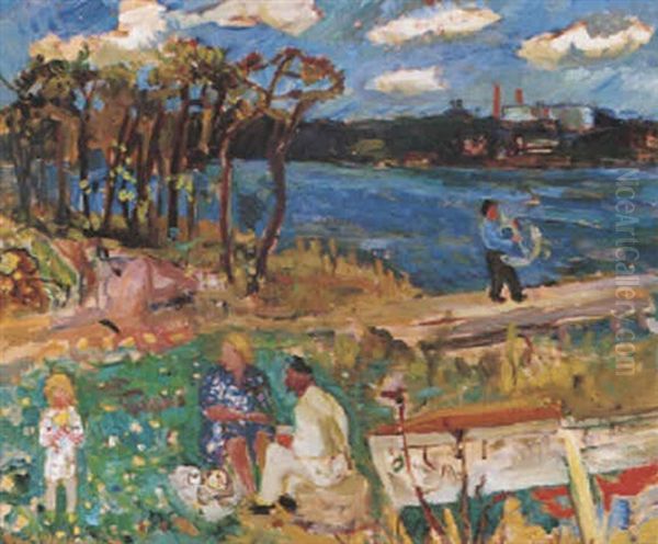 Picnic Vid Sjostranden Oil Painting by Eric C. Hallstroem