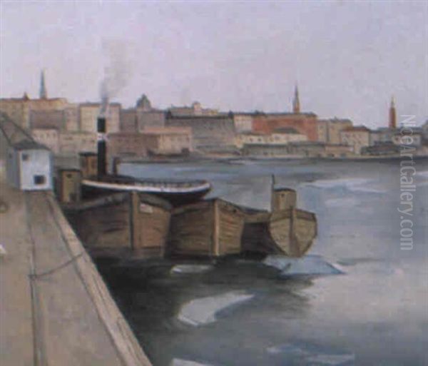 Kajmotiv Fran Stockholm Oil Painting by Eric C. Hallstroem