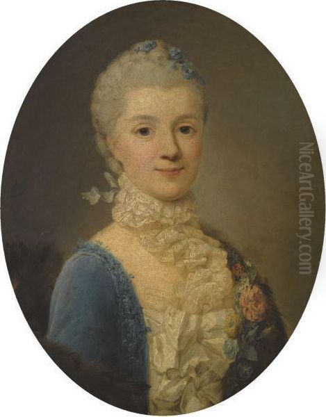 Portrait Of A Lady, Wearing A Blue Dress And Lace Collar Oil Painting by Giuseppe Baldrighi