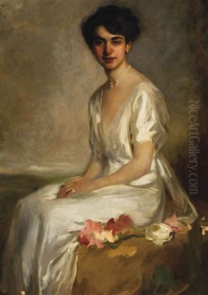 Portrait Of An Elegant Young Woman Dressed In White Oil Painting by Artur Lajos Halmi