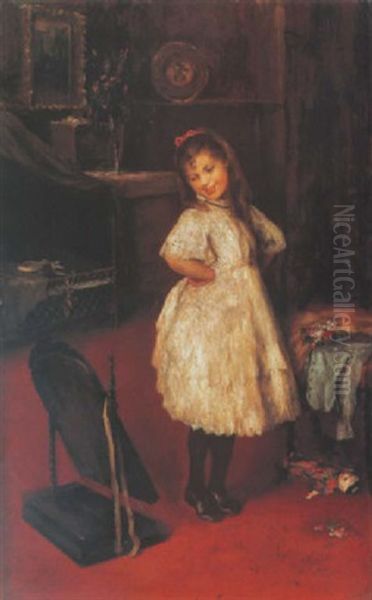 Kislany A Tukor Elott (little Girl In Front Of A Mirror) Oil Painting by Artur Lajos Halmi