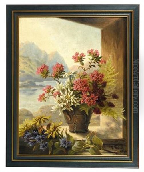 Stillleben Mit Alpenblumen Oil Painting by Pauline Halmrecte Flechner