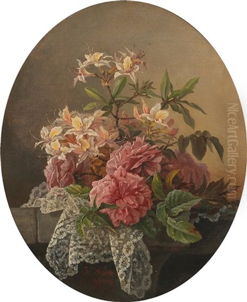 Flower Piece With Roses And Spray Of Blossom Oil Painting by Pauline Halmrecte Flechner