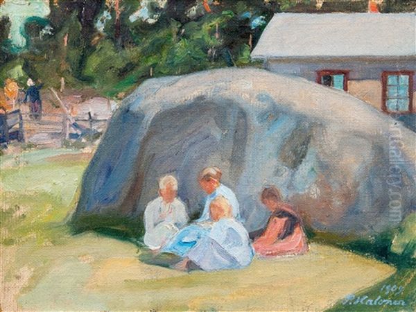 Children Playing In The Yard Oil Painting by Pekka Halonen