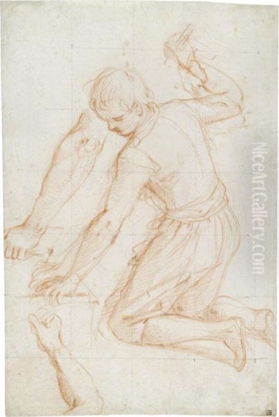 : Study Of A Kneeling Young Man, Raising A Hammer In His Left Hand, With Subsidiary Studies Of His Right And Left Arms Oil Painting by Giovanni Balducci