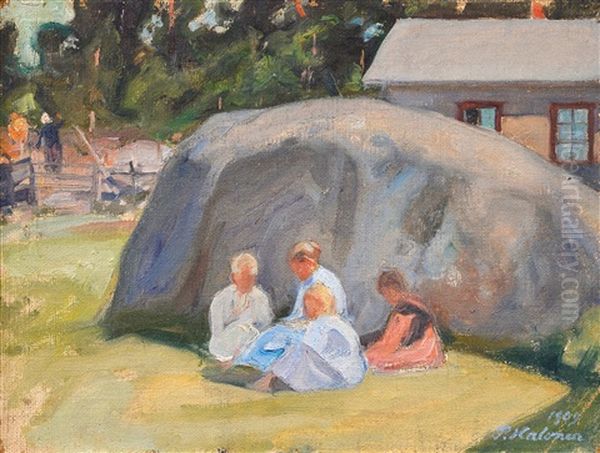 Children Playing On The Yard Oil Painting by Pekka Halonen