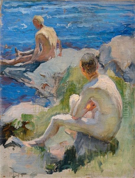 Boys Swimming Oil Painting by Pekka Halonen