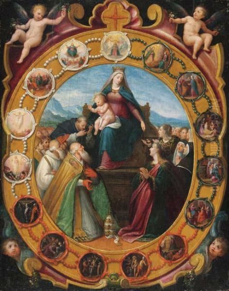 The Madonna Of The Rosary, With Saint Dominic And Other Saints,surrounded By Scenes From The Life Of The Virgin And Of Christwithin A Feigned Frame With Putti Oil Painting by Giovanni Balducci