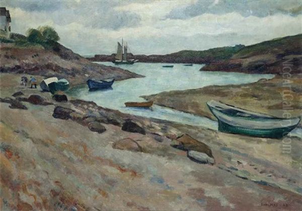 Boats In An Inlet Oil Painting by Samuel Halpert