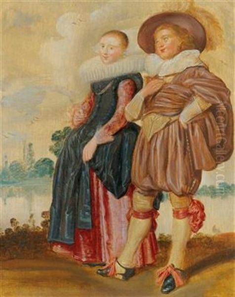 An Elegant Couple Standing By A River Oil Painting by Dirck Hals