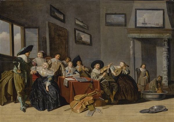 An Interior Scene With Cavaliers And A Group Of Ladies Playing Music Around A Table, With Two Figures Preparing To Serve Wine At The Right Oil Painting by Dirck Hals