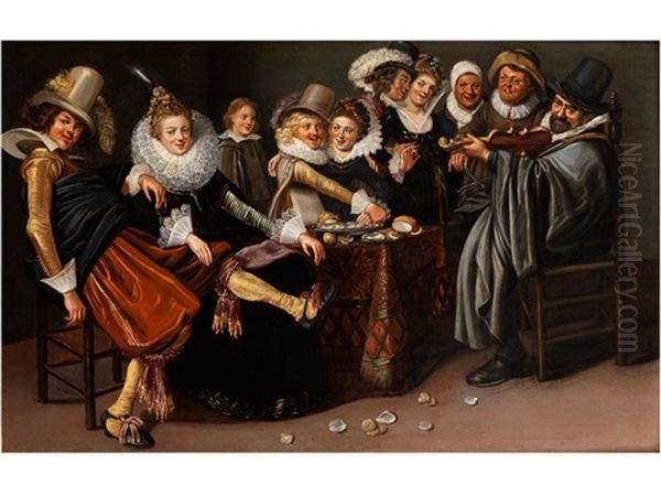 Illustre Tischgesellschaft Beim Austernessen Mit Einem Musikanten Oil Painting by Dirck Hals