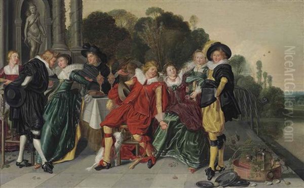 Elegant Figures By A Set Table On A Terrace, A Park Landscape With A Pond Beyond Oil Painting by Dirck Hals