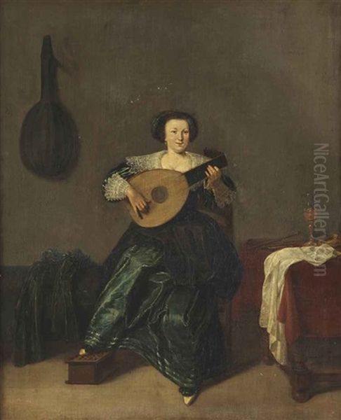 An Elegant Lady In A Green Dress Playing A Lute In An Interior Oil Painting by Dirck Hals