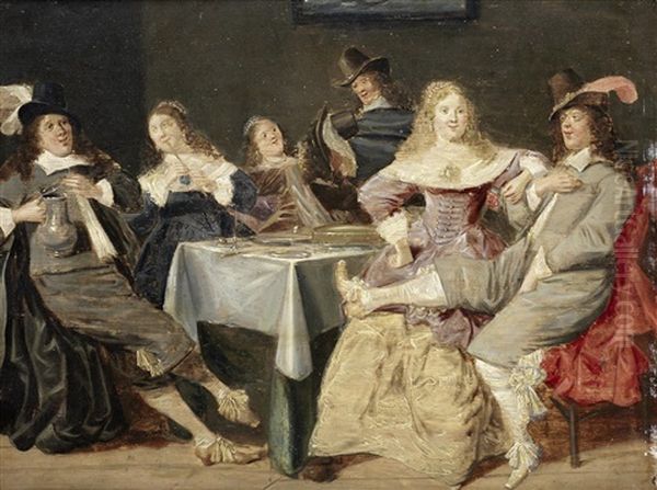 An Elegant Company Merrymaking In An Interior Oil Painting by Dirck Hals