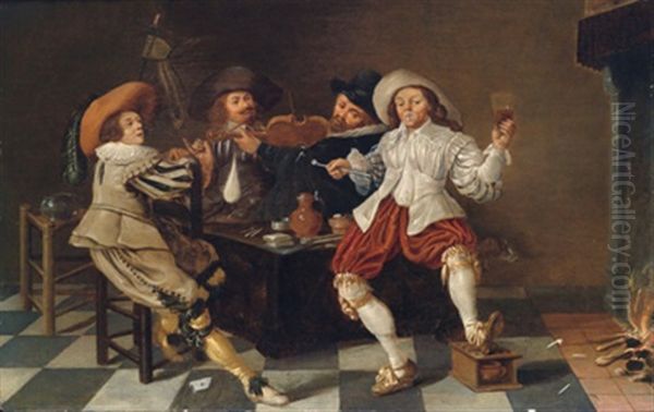 Wirtshausinterieur Mit Vier Musizierenden Und Trinkenden Mannern Oil Painting by Dirck Hals