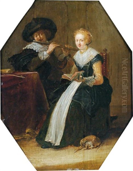 Musizierendes Junges Paar Mit Einem Hundchen Oil Painting by Dirck Hals