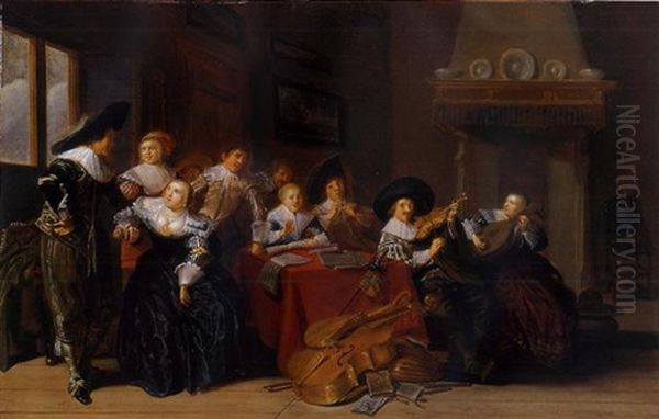 Elegant Figures At A Concert In An Interior Oil Painting by Dirck Hals